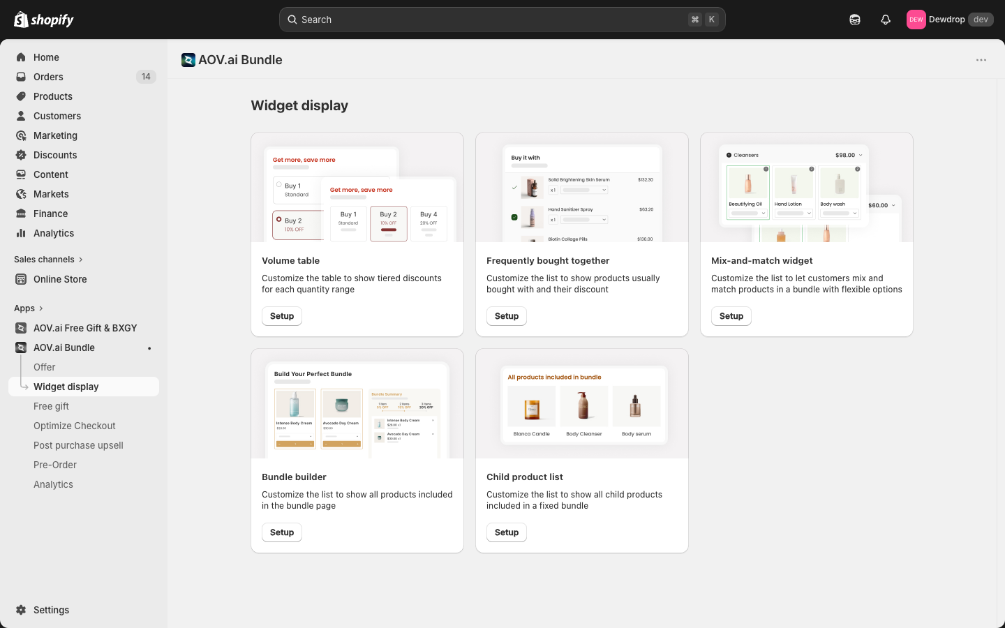 Widget display overview with 5 widget cards