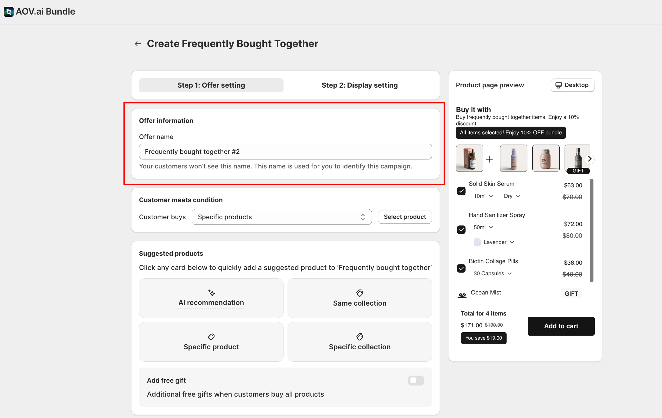 FBT Step 1 form, top of page with Offer name and Suggested products