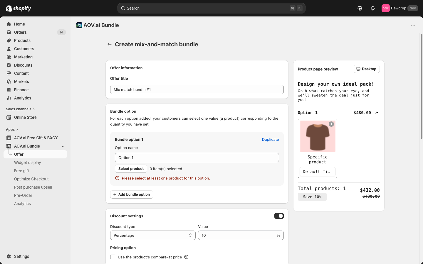 Mix & Match form top with Offer title, Bundle option 1, Option name, and Select product
