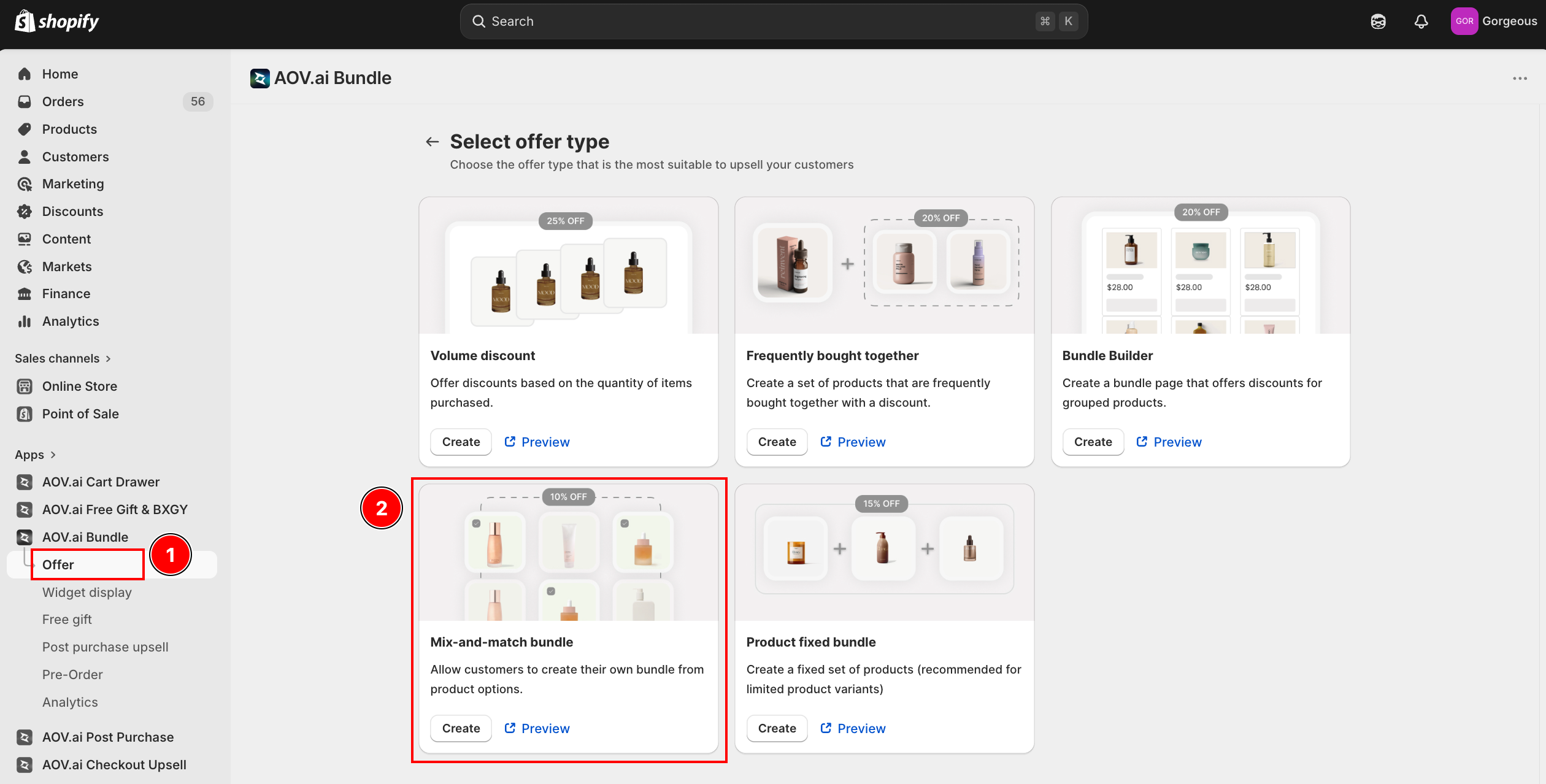 Select offer type screen with Mix-and-match bundle card
