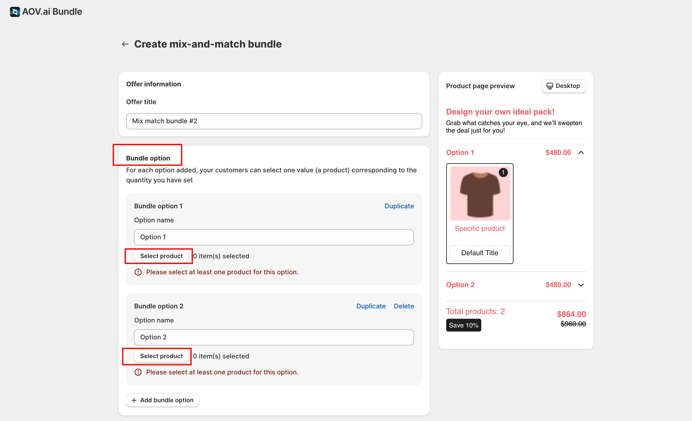 Bundle options config with Discount settings (Percentage / Fixed amount / Fixed price) and Pricing option
