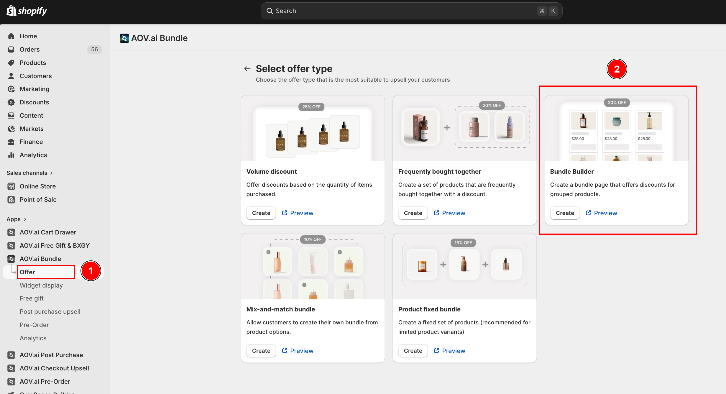 Offer type chooser with Bundle Builder card