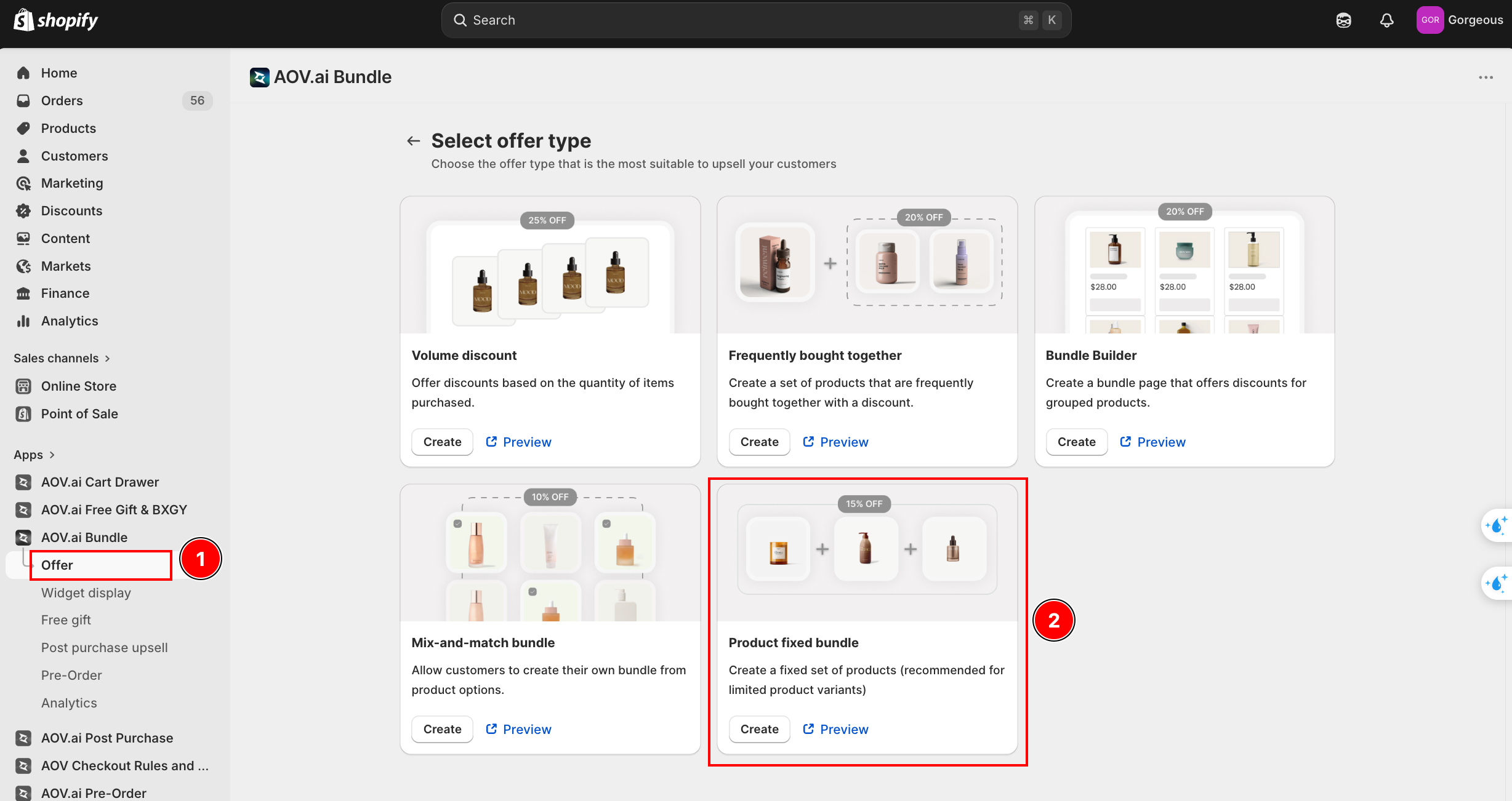 Offer type chooser with 7 cards (5 native bundle types + 2 cross-app cards)