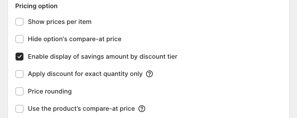 Discount combinations and Pricing option sections
