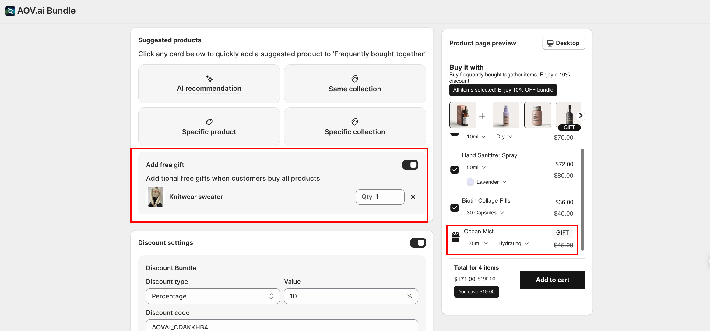 Add free gift toggle