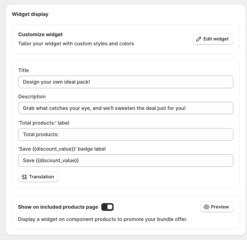 Widget display section with Add widget callout, label fields, and Redirect after Add to cart