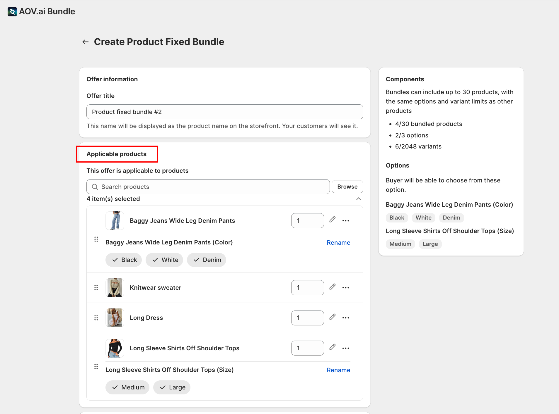 Applicable products card with Browse button and Components panel