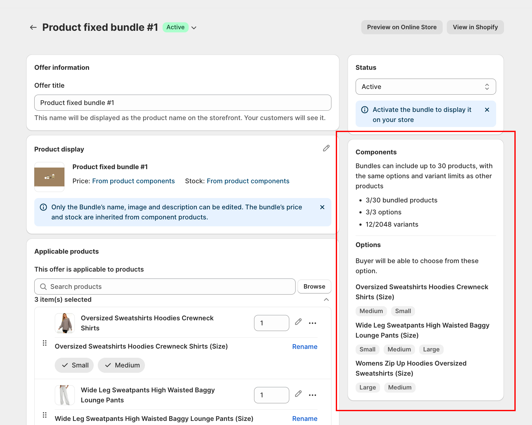 Components panel and Show products in bundle toggle