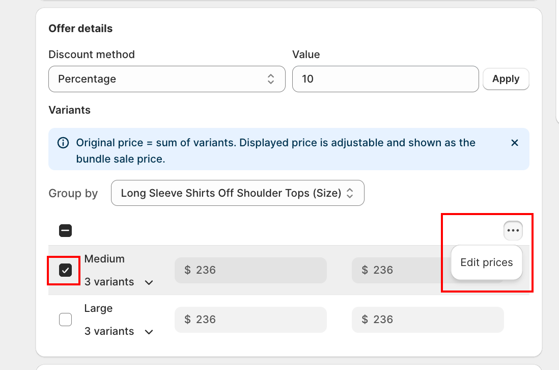 Variants section showing original price, displayed price, and Edit prices button