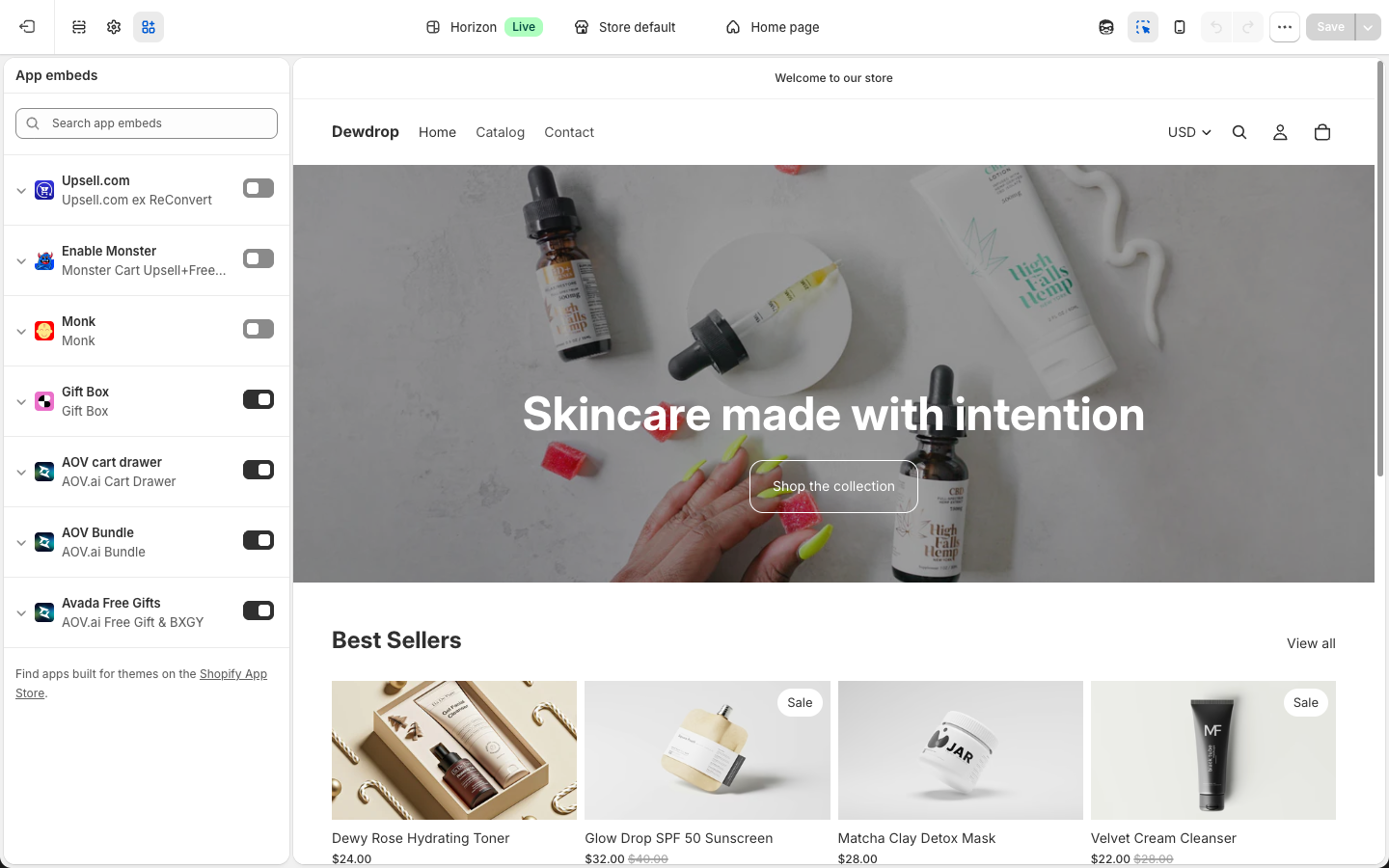 Shopify theme editor with the AOV.ai Bundle Upsell app embed visible