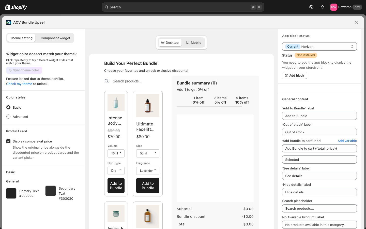 Bundle Builder widget setup screen