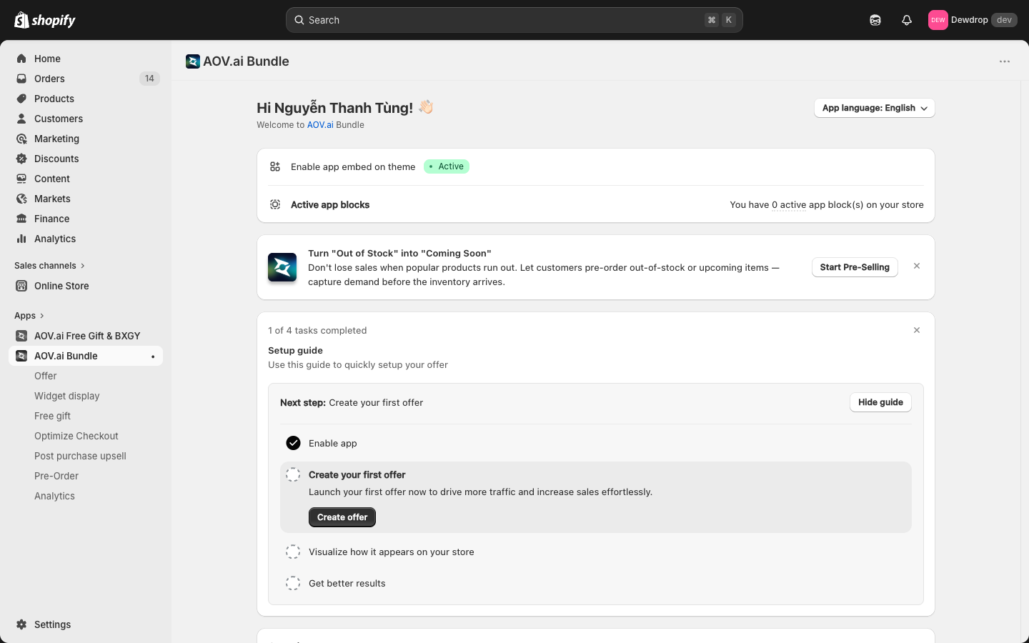 AOV.ai Bundle Upsell home dashboard above the fold