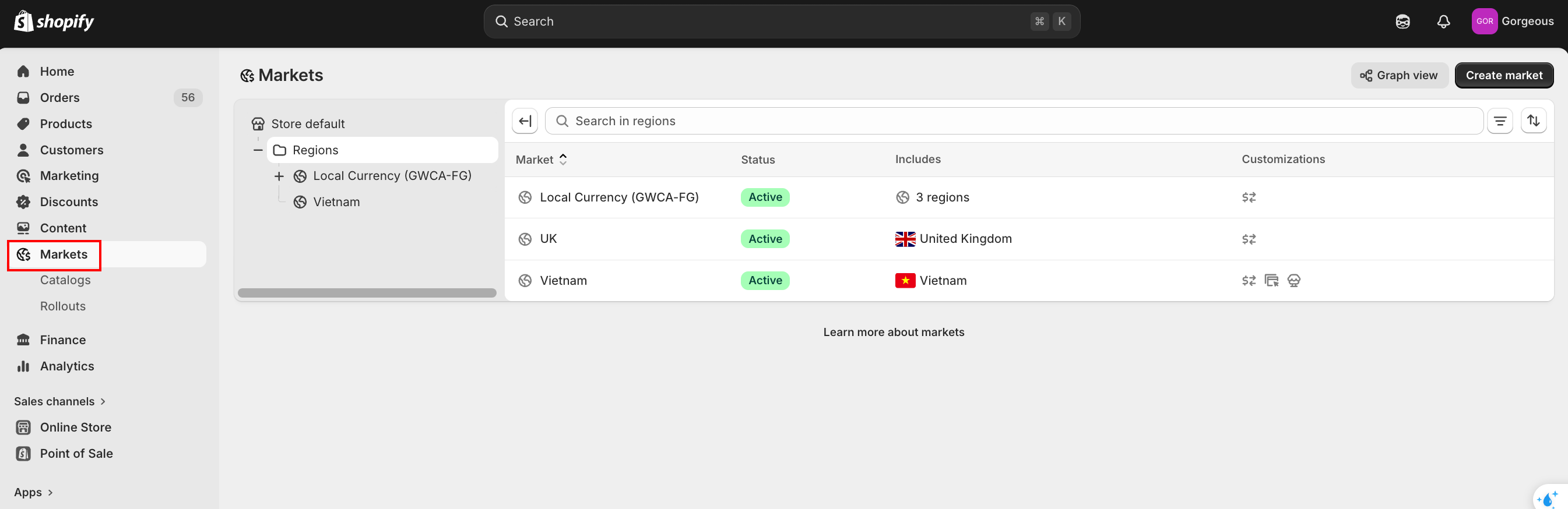 Markets dropdown showing available markets