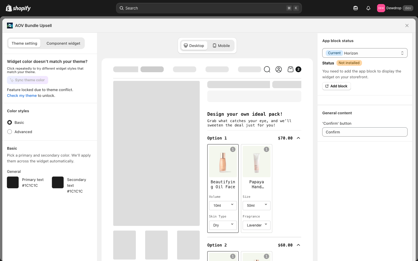 Mix-and-match widget setup screen
