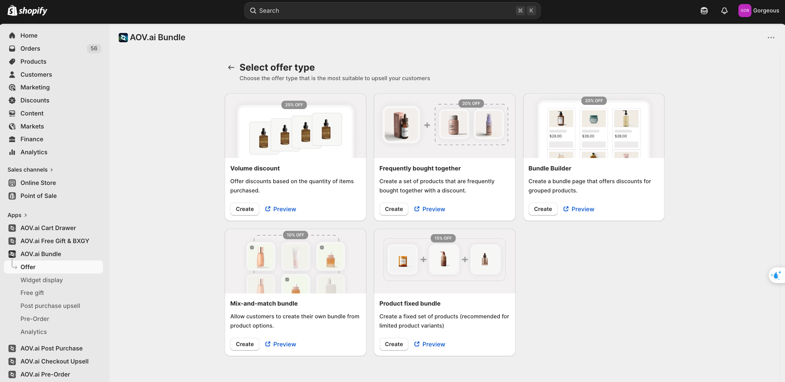 Select offer type screen with 5 native offer types