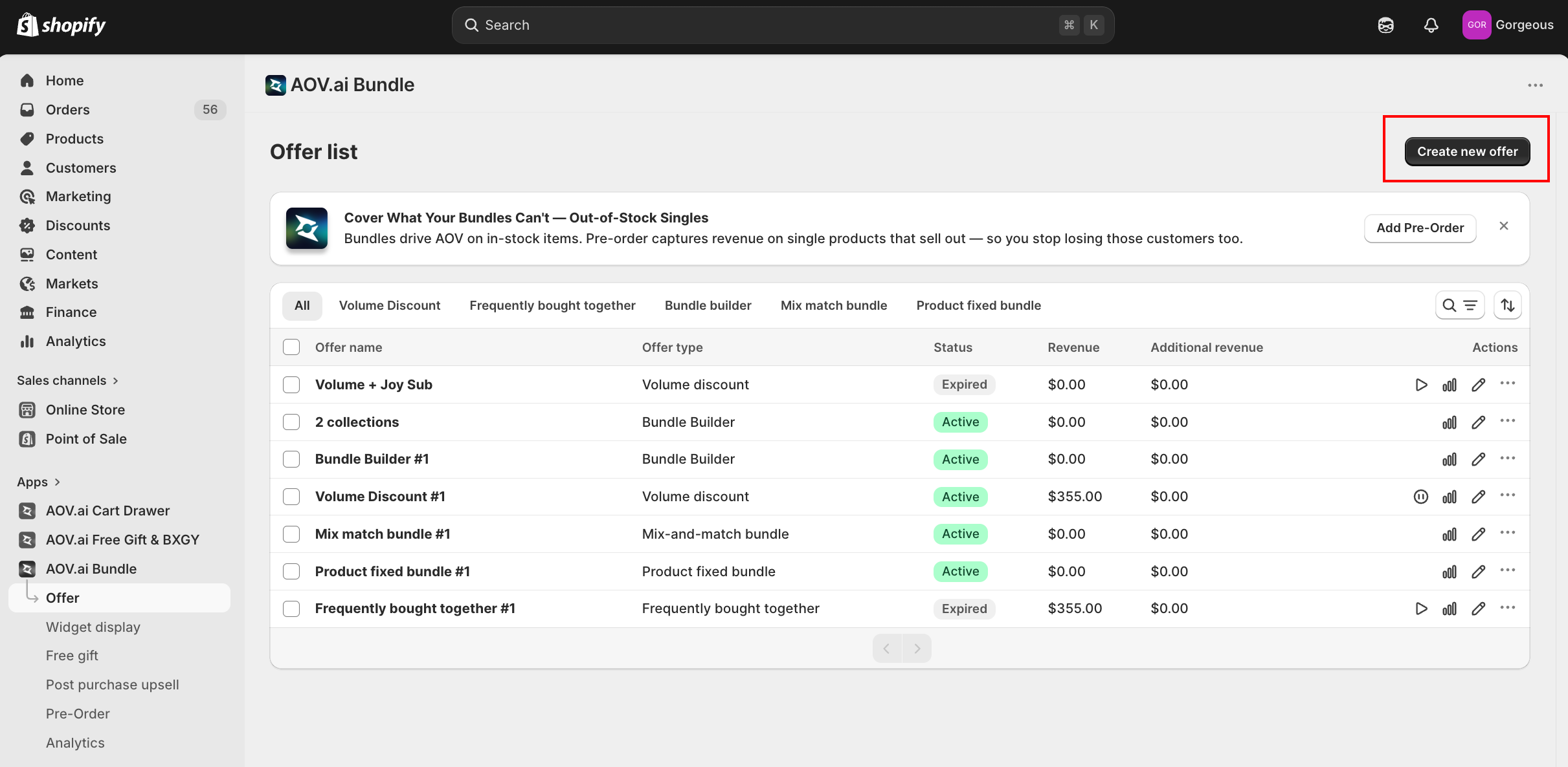 Offer menu with Create new offer button