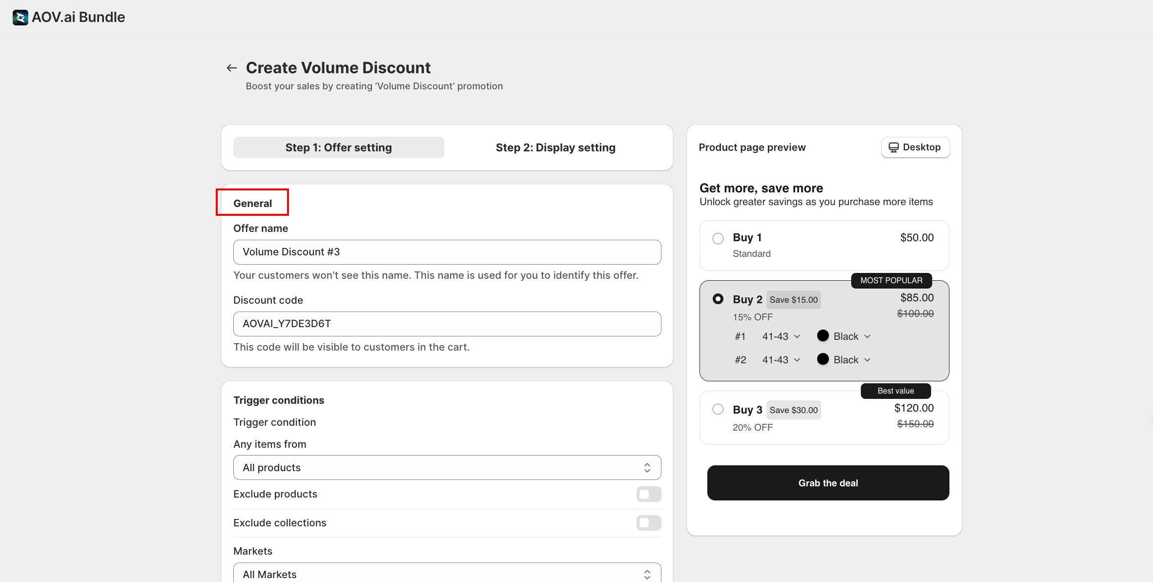 Volume Discount Step 1 form, top of page with Offer name, Discount code, and Trigger conditions