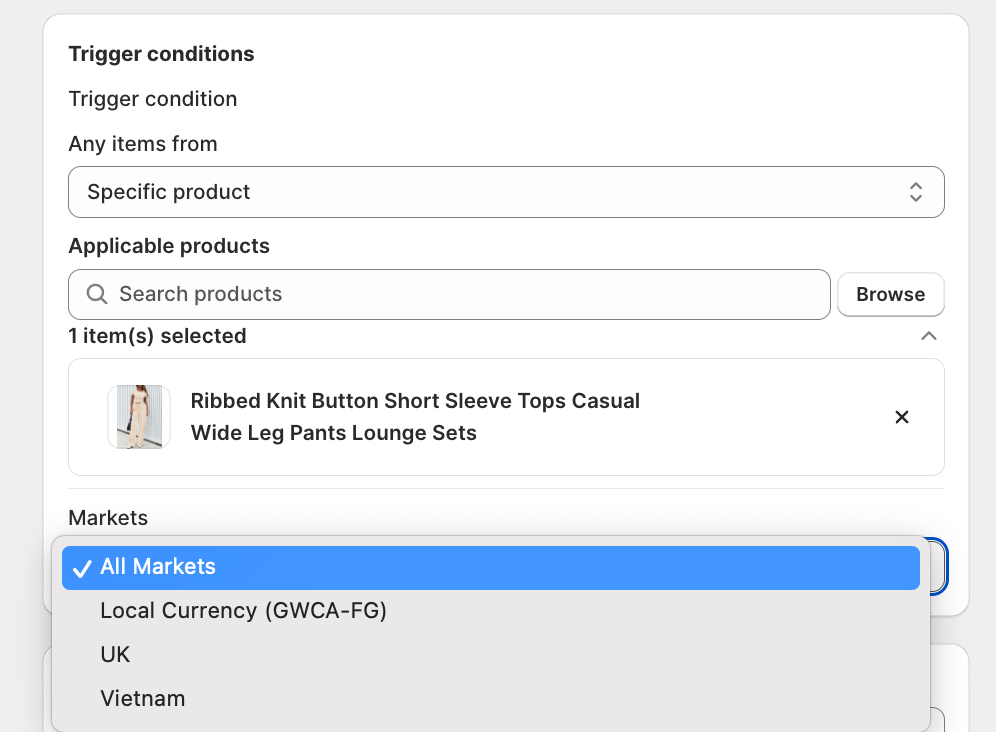 Markets dropdown in Trigger conditions