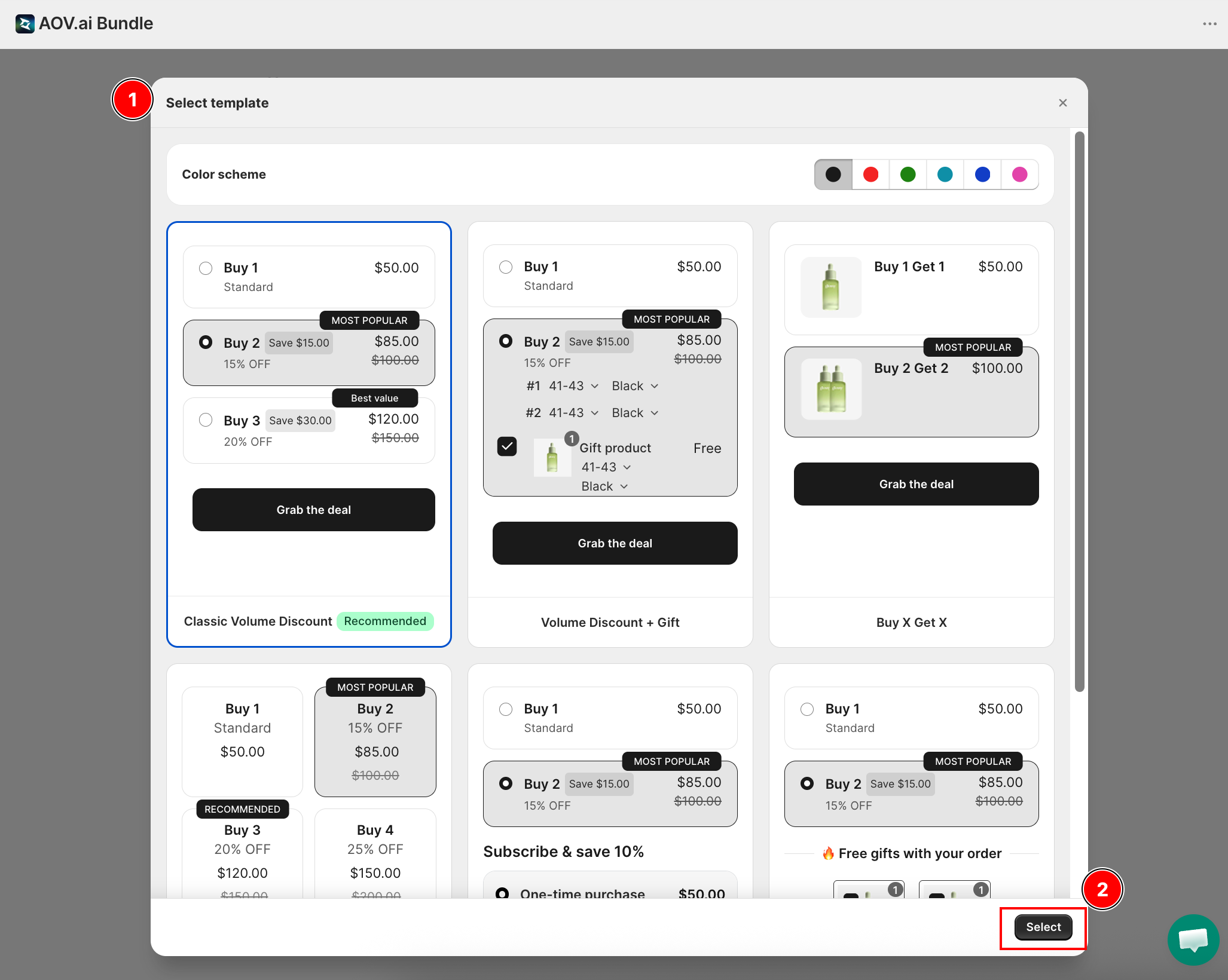 Select template modal with 6 prebuilt layouts