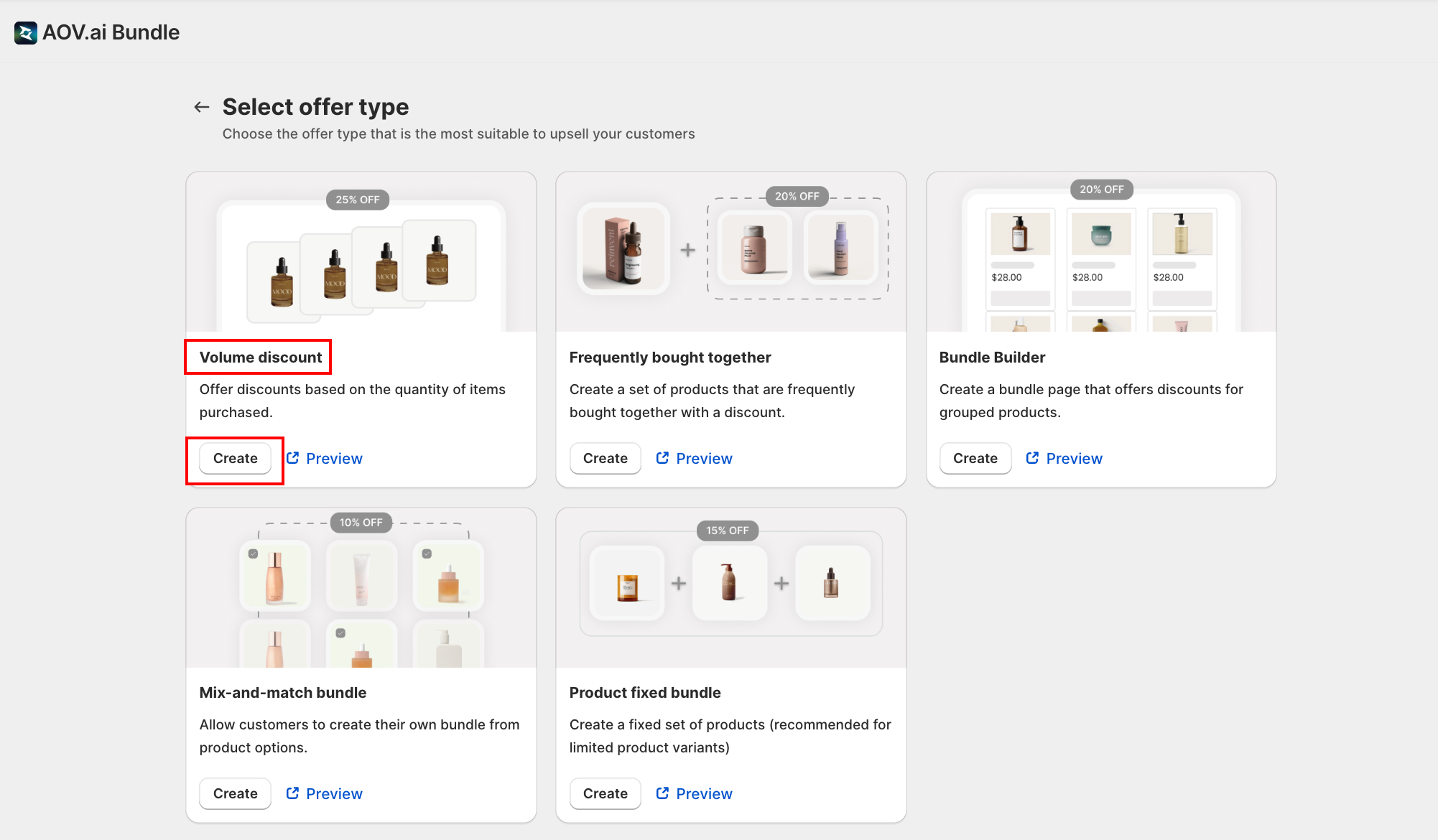 Select offer type screen with Volume discount card