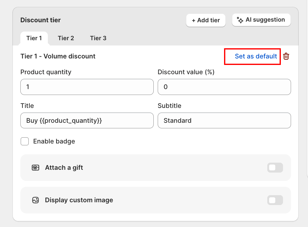Set as default toggle in tier settings