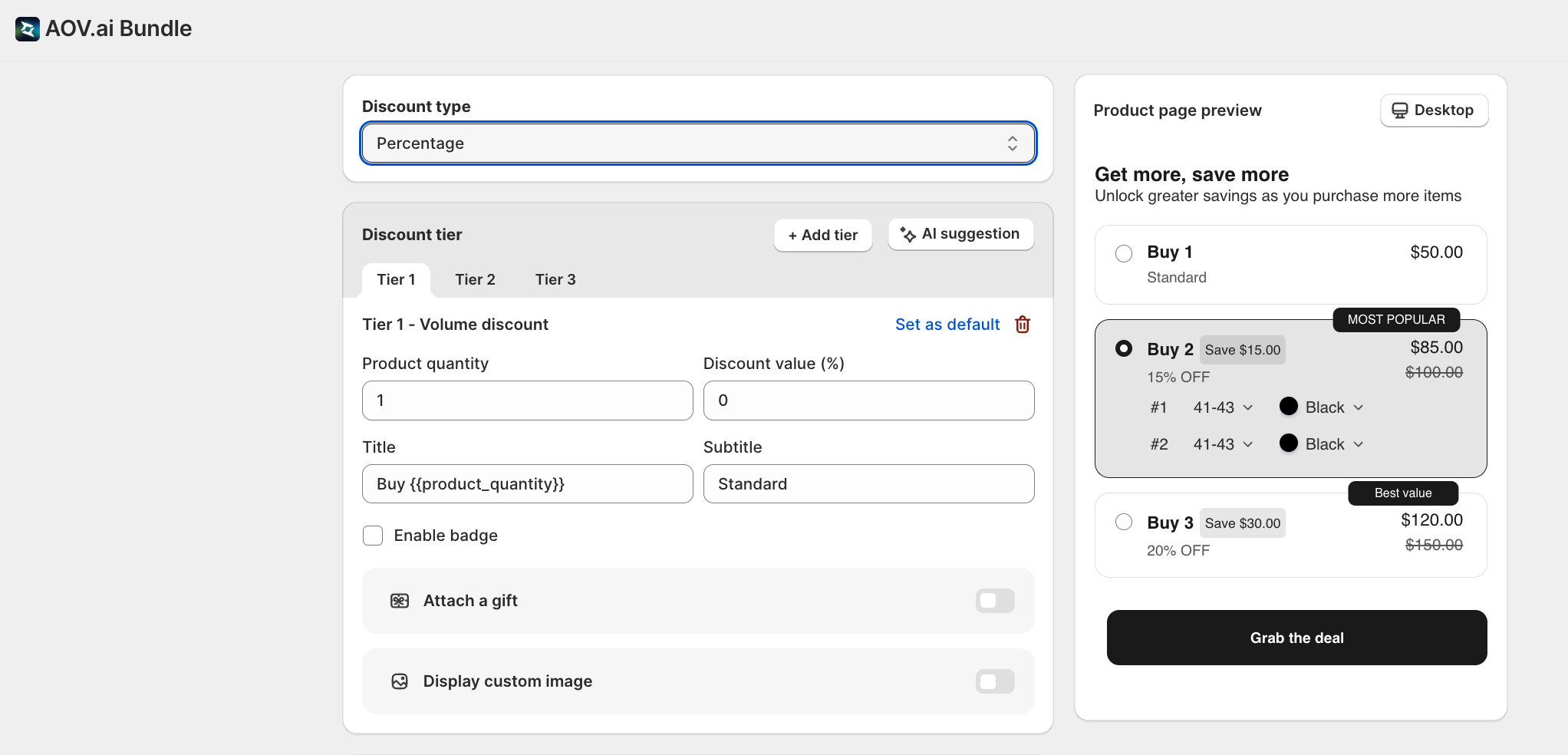 Tier 1 configuration with Title, Subtitle, Badge, Gift, and custom image