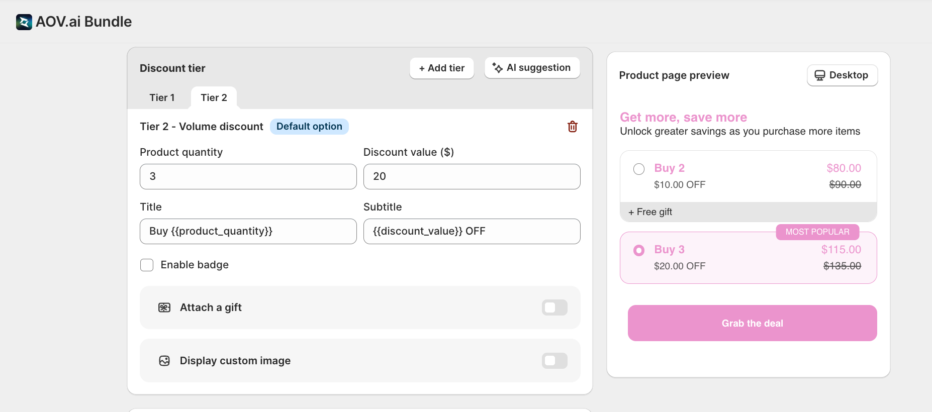 Volume Discount tier table example on product page