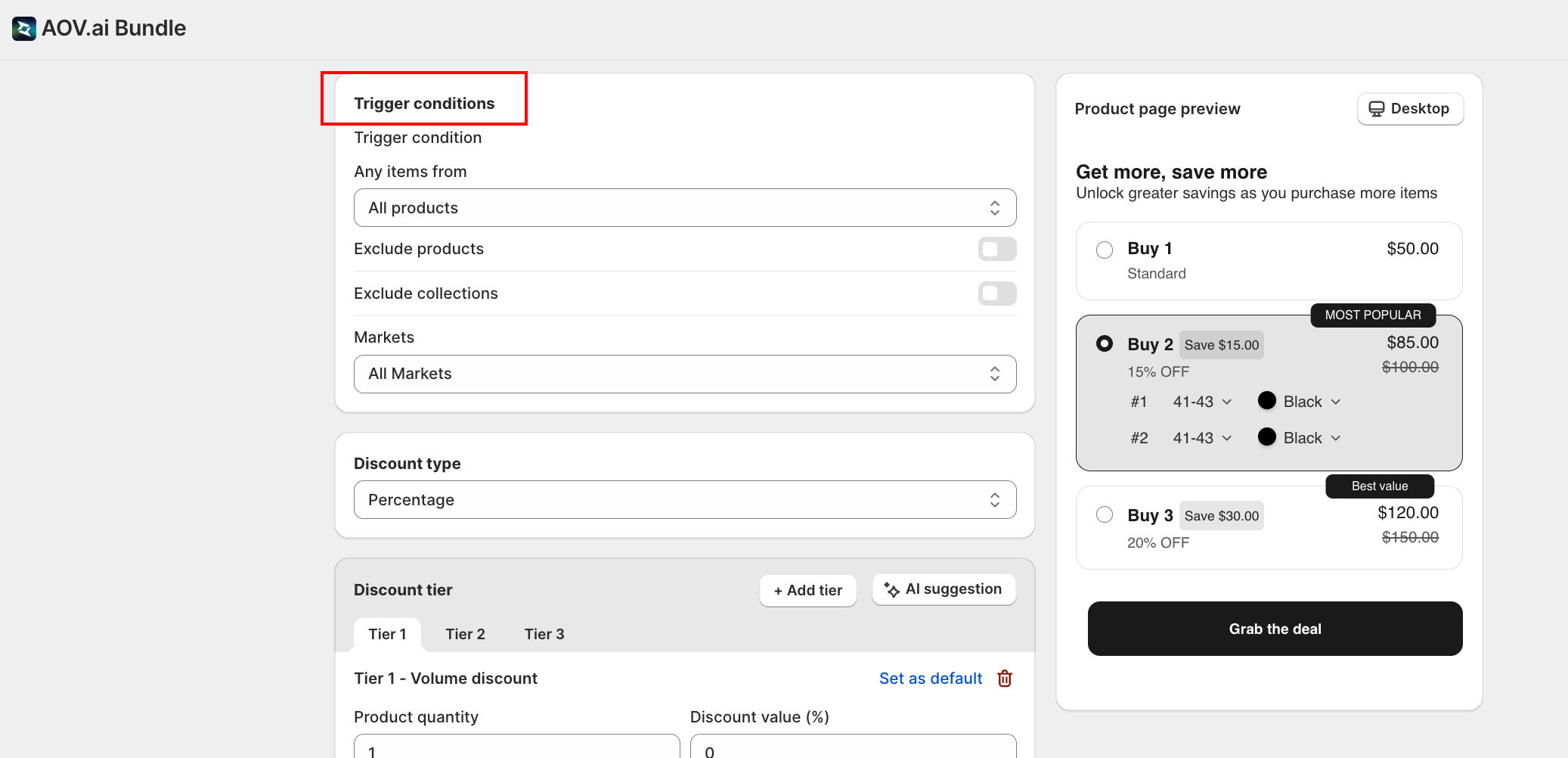 Trigger conditions, Markets, and Discount type sections