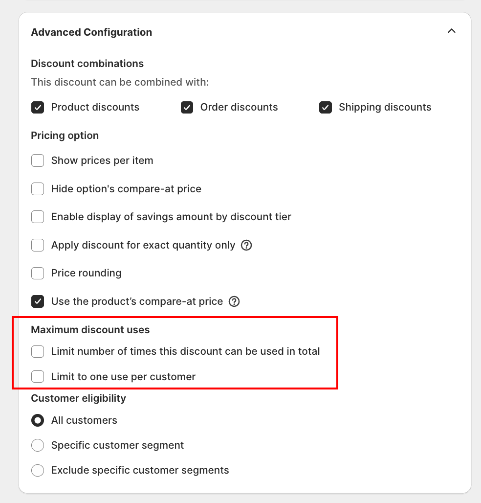 Maximum discount uses checkboxes